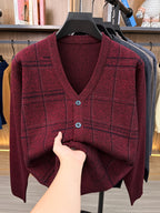 Men'S Autumn Winter Easy Knit Cardigan Warm Plaid Casual Jacket - Burgundy