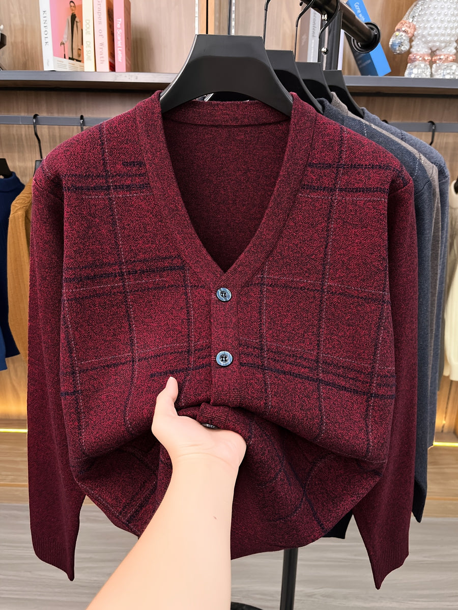 Men'S Autumn Winter Easy Knit Cardigan Warm Plaid Casual Jacket - Burgundy