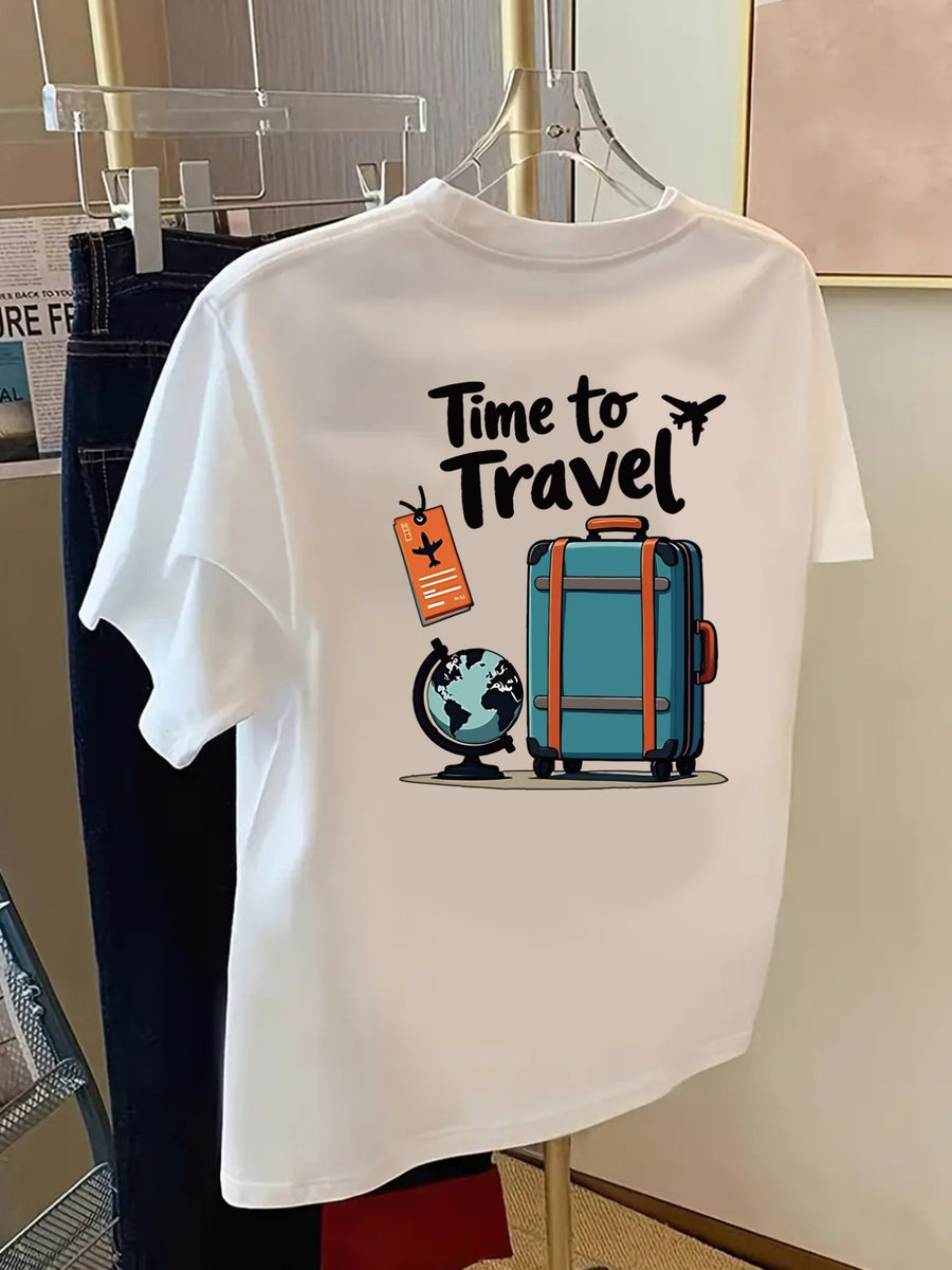 Time to Travel, Suitcase Print T-Shirt Short Sleeve Crew Neck Casual Top for Summer Spring, Women'S Clothing - White