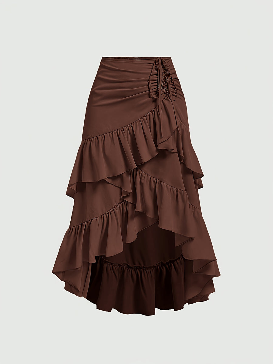 New Fashion Asymmetrical Pleated Hem Design Multi-layered Women's Skirt - Brown