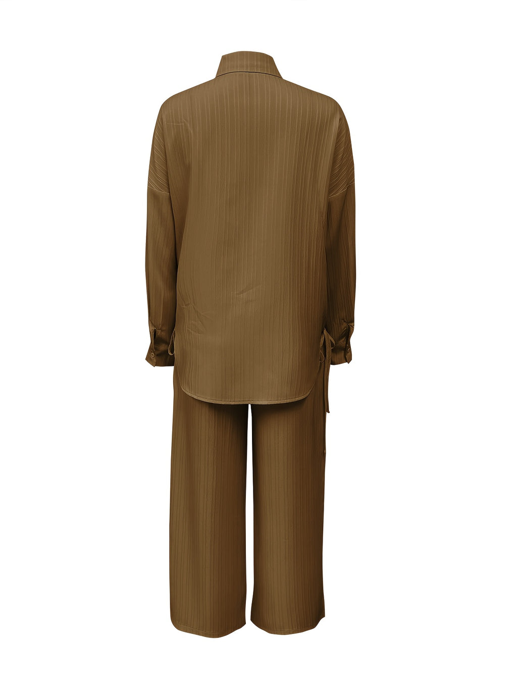 Autumn New Casual Comfortable Versatile Long Sleeve Collared Top And Long Pants 2pcs Set for Women, Belt Not Included - Coffee Color