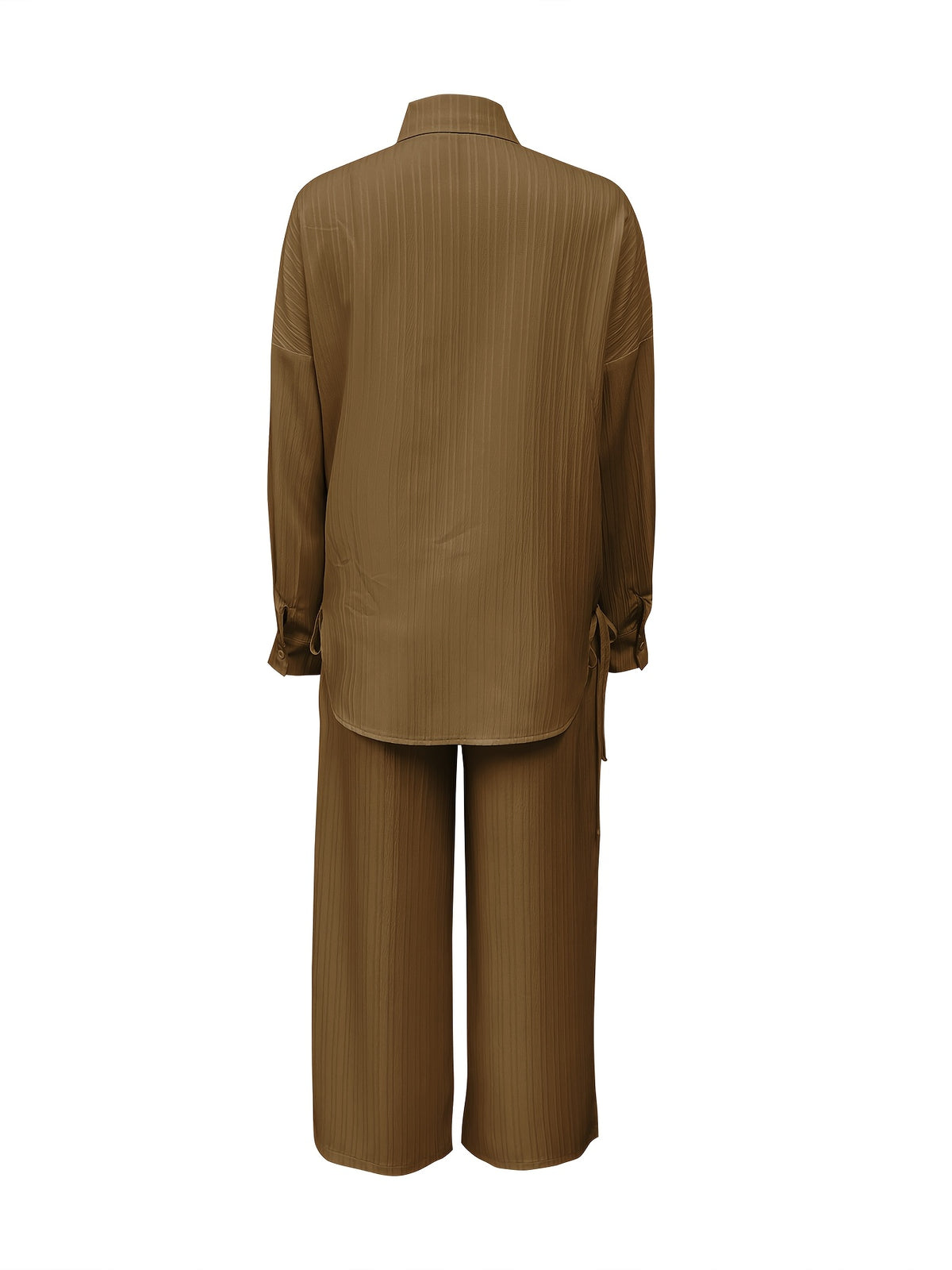 Autumn New Casual Comfortable Versatile Long Sleeve Collared Top And Long Pants 2pcs Set for Women, Belt Not Included - Coffee Color