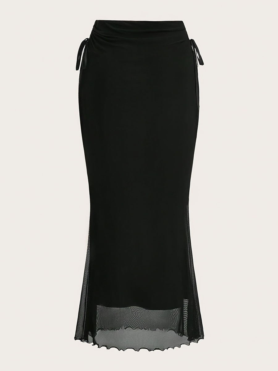Women's Drawstring Mesh Midi Skirt - Black