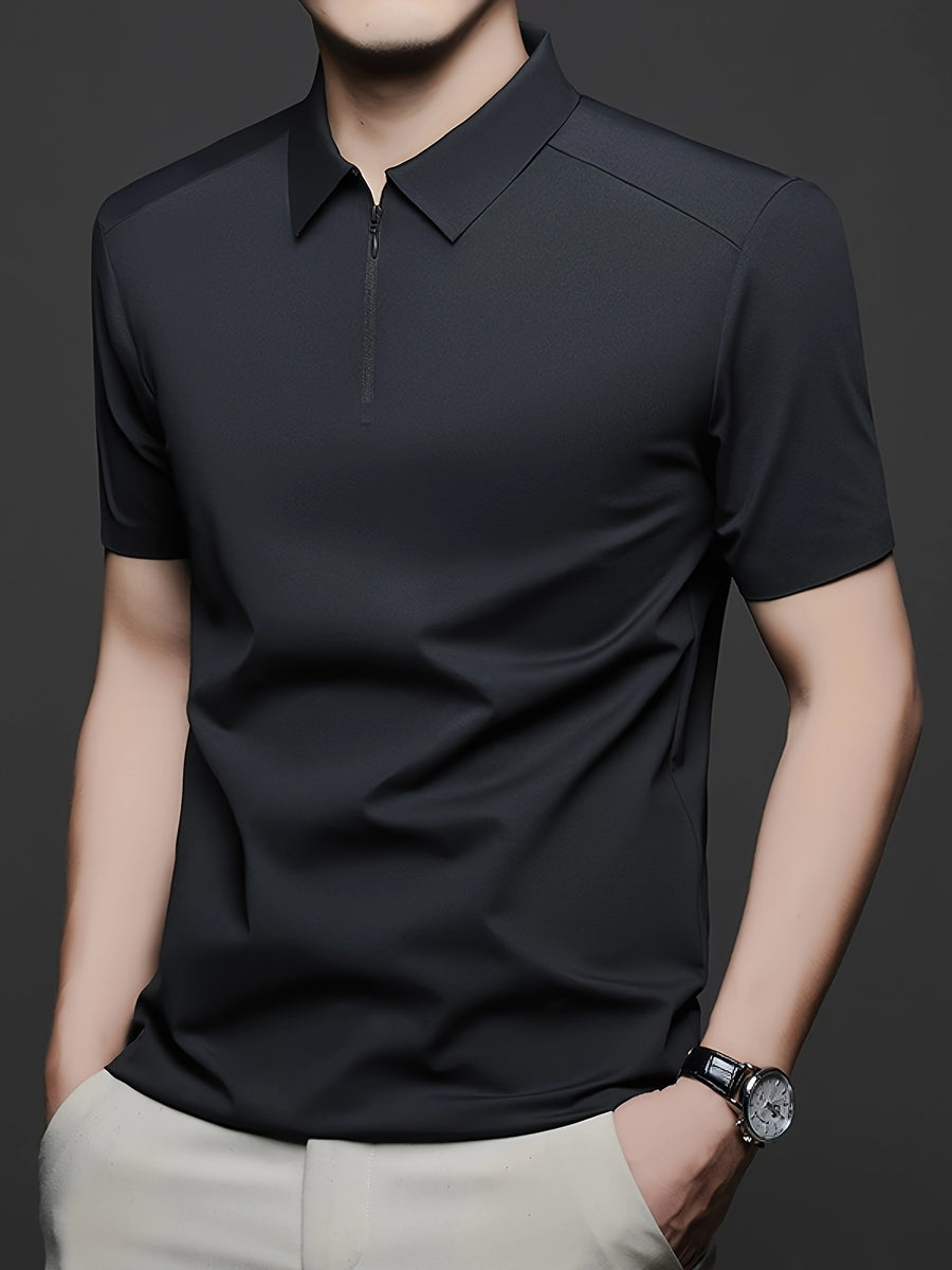 Men's Summer Lapel Polo Shirt, Fashionable and Versatile Light Luxury Zipper Top, Business Casual Breathable Short-Sleeve T-Shirt, Suitable for Daily Work Scenes - Black