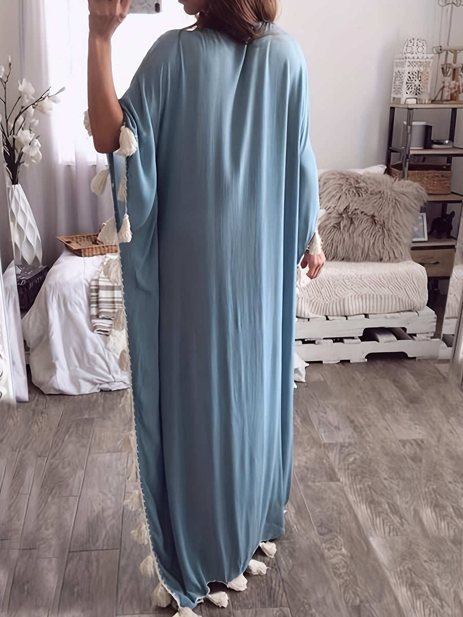 Women'S Middle Eastern Robe, V-Neck Cover-Up Tassel Patchwork Dress - Sea Blue