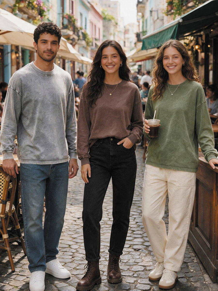 American Retro 3pcs Set Washed Distressed Pure Long Sleeve T-Shirt Loose Casual Unisex Round Neck Base Layer Spring Autumn Couple All-Match Multi-Color Long Sleeve Top - Khaki Gray Army Green