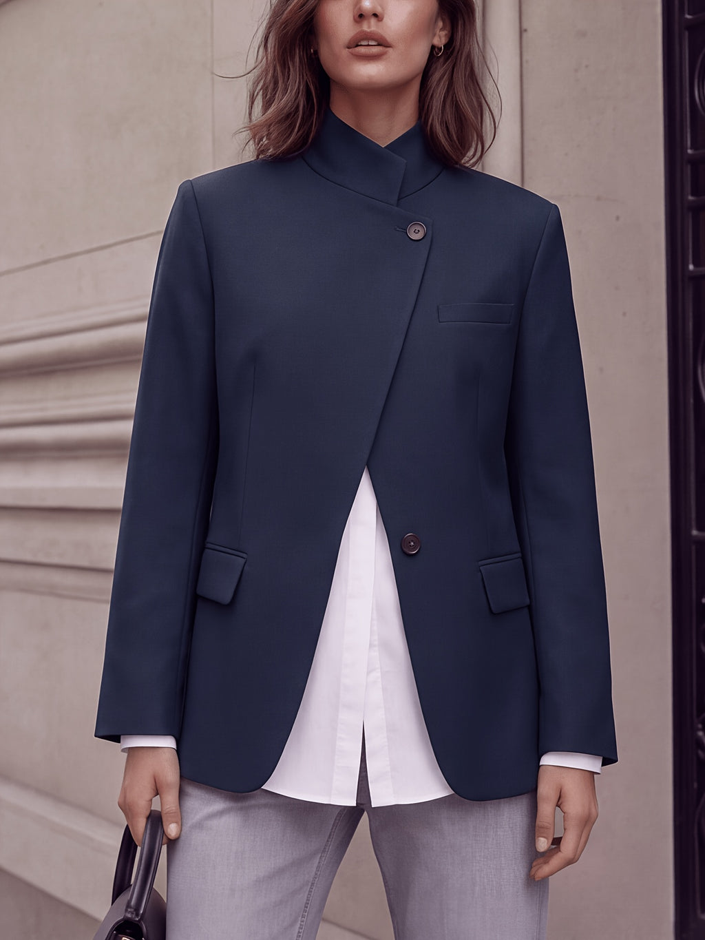 Stand-up Collar with Irregular Slanted Placket, Women's Casual Blazer, Versatile and Elegant Commuter Blazer Top, Dual-wear Suit for Daily and Workplace, Lined, with Pockets - Blue Navy