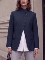 Stand-up Collar with Irregular Slanted Placket, Women's Casual Blazer, Versatile and Elegant Commuter Blazer Top, Dual-wear Suit for Daily and Workplace, Lined, with Pockets - Blue Navy