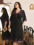 Plus Size Women's V-Neck French-Style Lace Trimmed Mid-Sleeve Nightgown, Spliced Lace Trim Loose Fit Midi Dress, Elegant Deep V-Neck Home Wear, Casual Sleep Dress for Outer Wear - Black