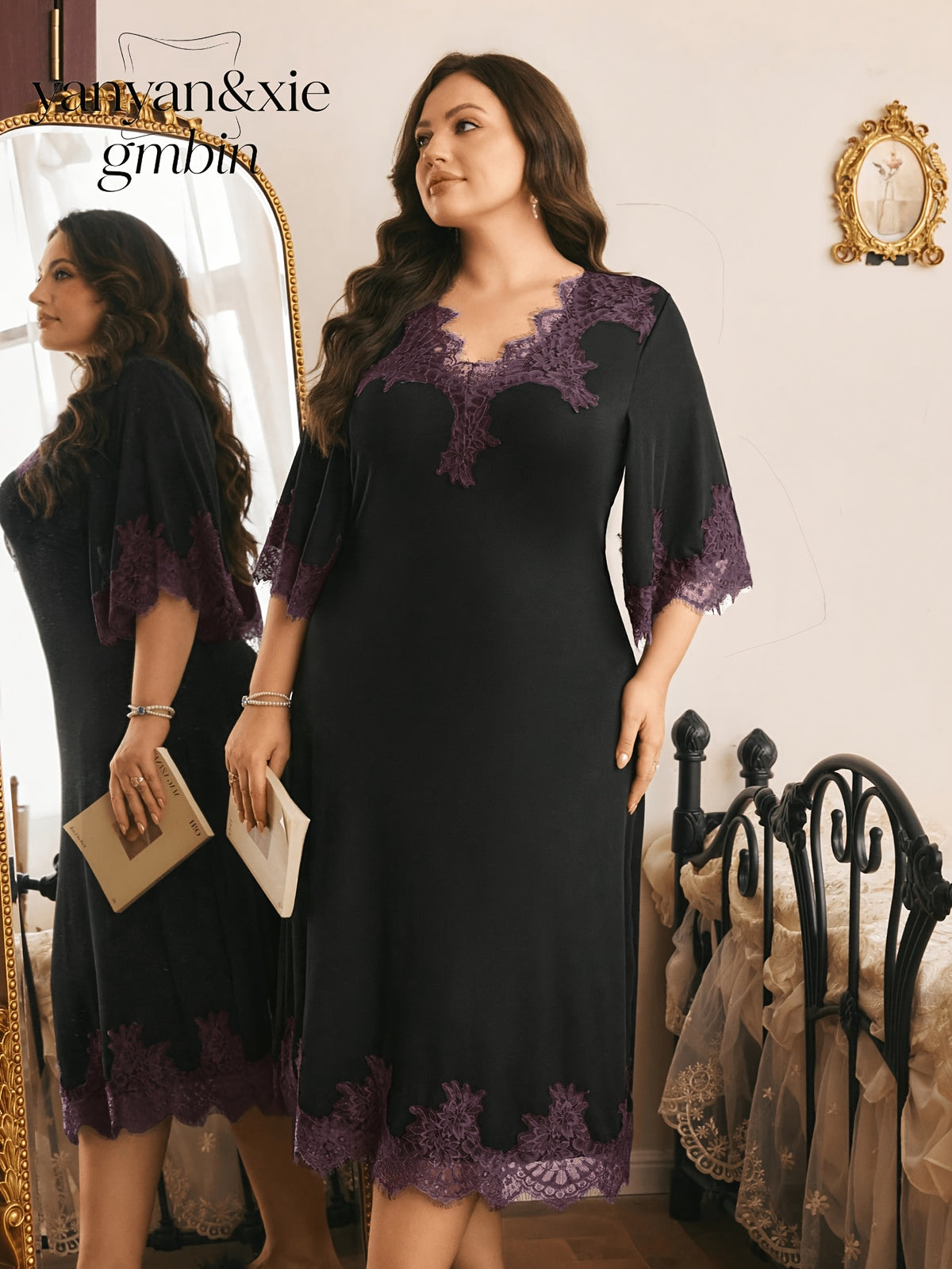 Plus Size Women's V-Neck French-Style Lace Trimmed Mid-Sleeve Nightgown, Spliced Lace Trim Loose Fit Midi Dress, Elegant Deep V-Neck Home Wear, Casual Sleep Dress for Outer Wear - Black