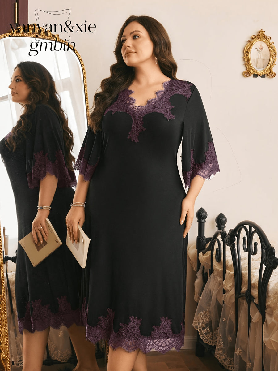 Plus Size Women's V-Neck French-Style Lace Trimmed Mid-Sleeve Nightgown, Spliced Lace Trim Loose Fit Midi Dress, Elegant Deep V-Neck Home Wear, Casual Sleep Dress for Outer Wear - Black