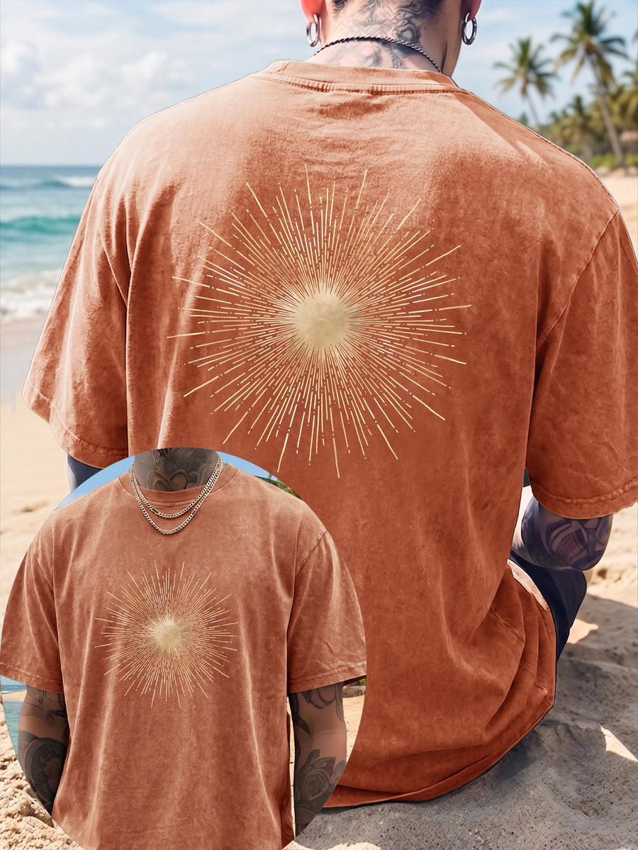 Men's Short-Sleeve T-Shirt, Pure Cotton, Loose Fit, Washed and Distressed, Sunburst Starlight Pattern, Trendy Reverse Double-Sided Print, Multiple Colors for Mix and Match, American Streetwear Hip-Hop High Street Top, for Daily Outings - Orange