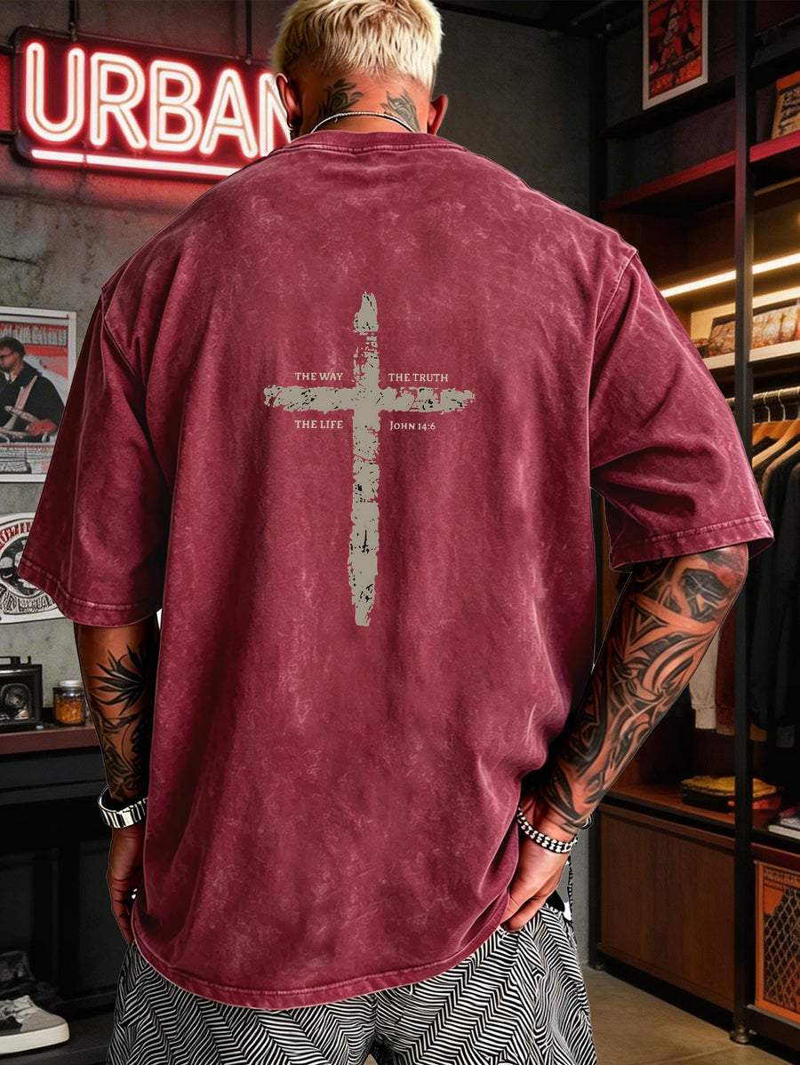 Men's Heavyweight T-Shirt Washed Distressed Fashion Print 2026 Summer New Urban High Street Hiphop Style Vintage Acid Wash Casual Gym Workout Top Pure Cotton Breathable Base Shirt - Red
