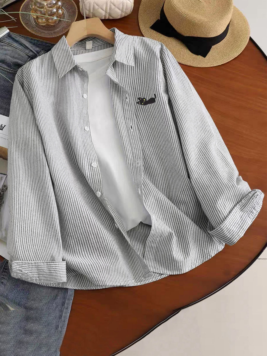 Spring/Autumn New Arrival: Cool and Handsome Trendy Men's Shirt with Cartoon Simple Healing Pattern, Lapel Collar, Long Sleeves, and Thin Pinstripe for a Simple, Lazy, and Casual Look - Grey