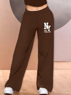 Elegant - 2pcs Women's Wide-Leg Casual Pants, Summer Lightweight Style, Letter Print - Coffee+Black