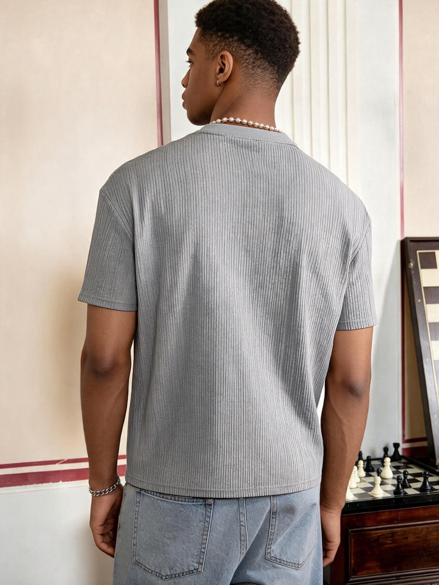 Three-pc Men's Vertical Rib Texture Short-Sleeve T-Shirt, Black/White/Gray Three-Color Crew Neck Breathable Stretch Base Layer Solid Color Basic Half-Sleeve Top - White pairs with black, black pairs with gray