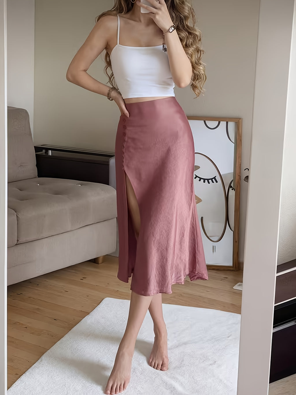 Spring/Summer New Satin Chiffon Multi-Button Women's Skirt - Peach