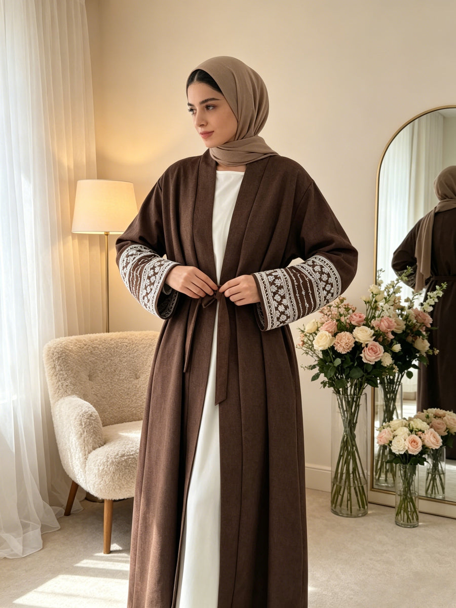 1pc Solid Elegant Casual () Double-Tone Jersey Breathable Supportive Good Fit, Exquisite Embroidery Craft Fashion Abaya Spring Summer Autumn for Women'S Daily Wear - Coffee Color