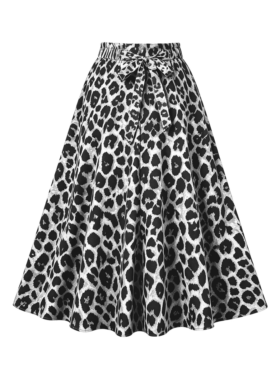 Leopard Print High-Waist Flared Midi Skirt Women'S Elastic Waist Bow Tie A-Line Swing Skirt Casual Daily Party Streetwear Long Skirts - White