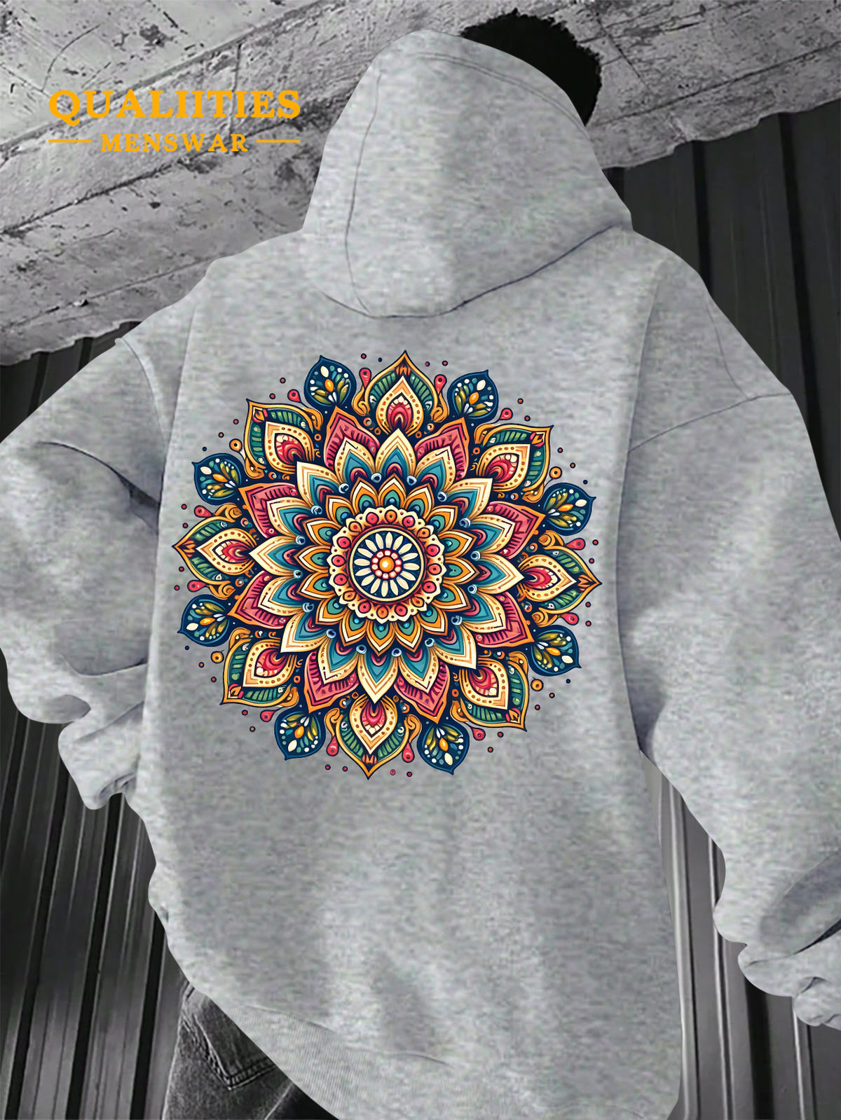 Men's "Mandala" Print Hooded Sweatshirt - Relaxed Fit, Simple and Distinctive Design, Loose Cut for Comfort and Style, Machine Washable Casual Pullover for Autumn/Winter, Suitable for Casual Wear, Hooded Sweater, Winter Apparel, Fashionable Design - Light Grey