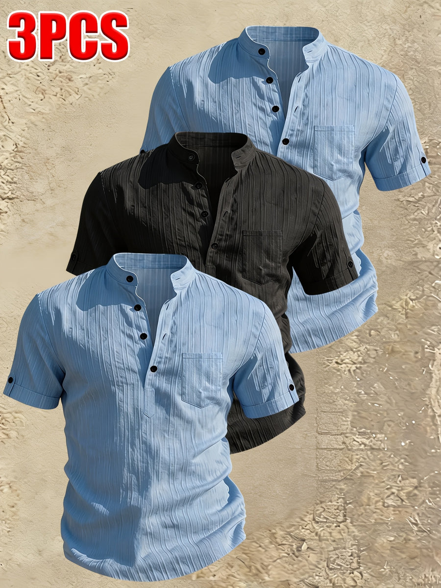 Men's Stand Collar Henley Short Sleeve Shirt 3pcs, Vertical Stripe Texture Half-Button with Pocket Top, Summer Breathable Casual Vacation 3pcs Versatile Men's Shirt Set - blue+blue+black