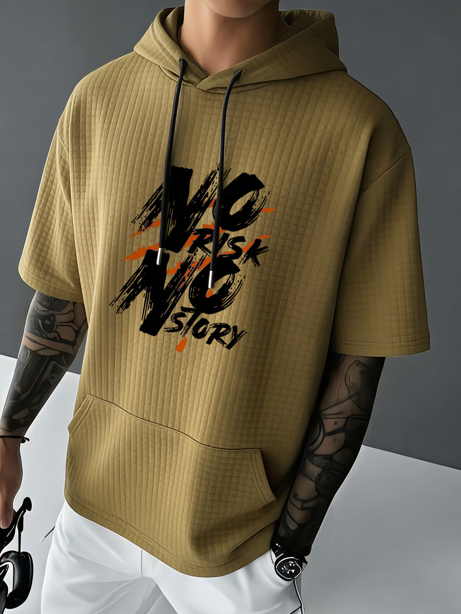 NO RISK NO STORY Men's Waffle Knit Short Sleeve Hoodie Top, Comfortable Printed Drawstring Sweatshirt T-Shirt with Pocket, Summer Casual Fashion Men's Apparel, Suitable for Outings and Home Wear, Suitable for Daily and Formal Wear, Summer Fashion - Khaki