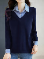 Women's Casual Long-Sleeve Comfortable Fashion Spring/Autumn Collared T-Shirt - Navy Color