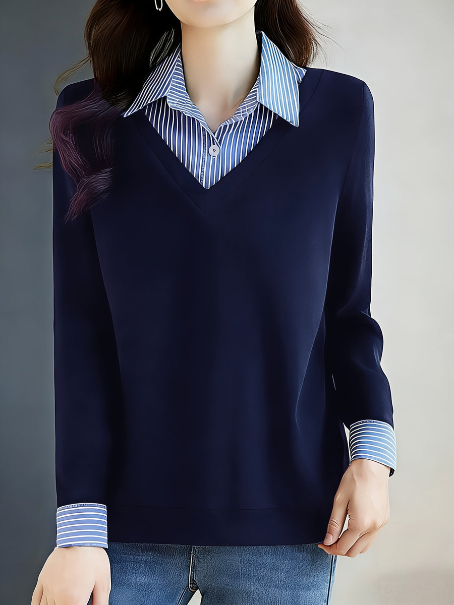 Women's Casual Long-Sleeve Comfortable Fashion Spring/Autumn Collared T-Shirt - Navy Color