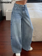 Women'S New Loose Wide-Leg Elastic Waist Jeans, Classic Boyfriend Style Floor-Length Trousers, Casual Home Wear Design with Ripped Patchwork, 90S Classic Acid-Wash Blue Retro Zipper Pants, Comfortable Fit Suitable for Work And Travel - Light Blue