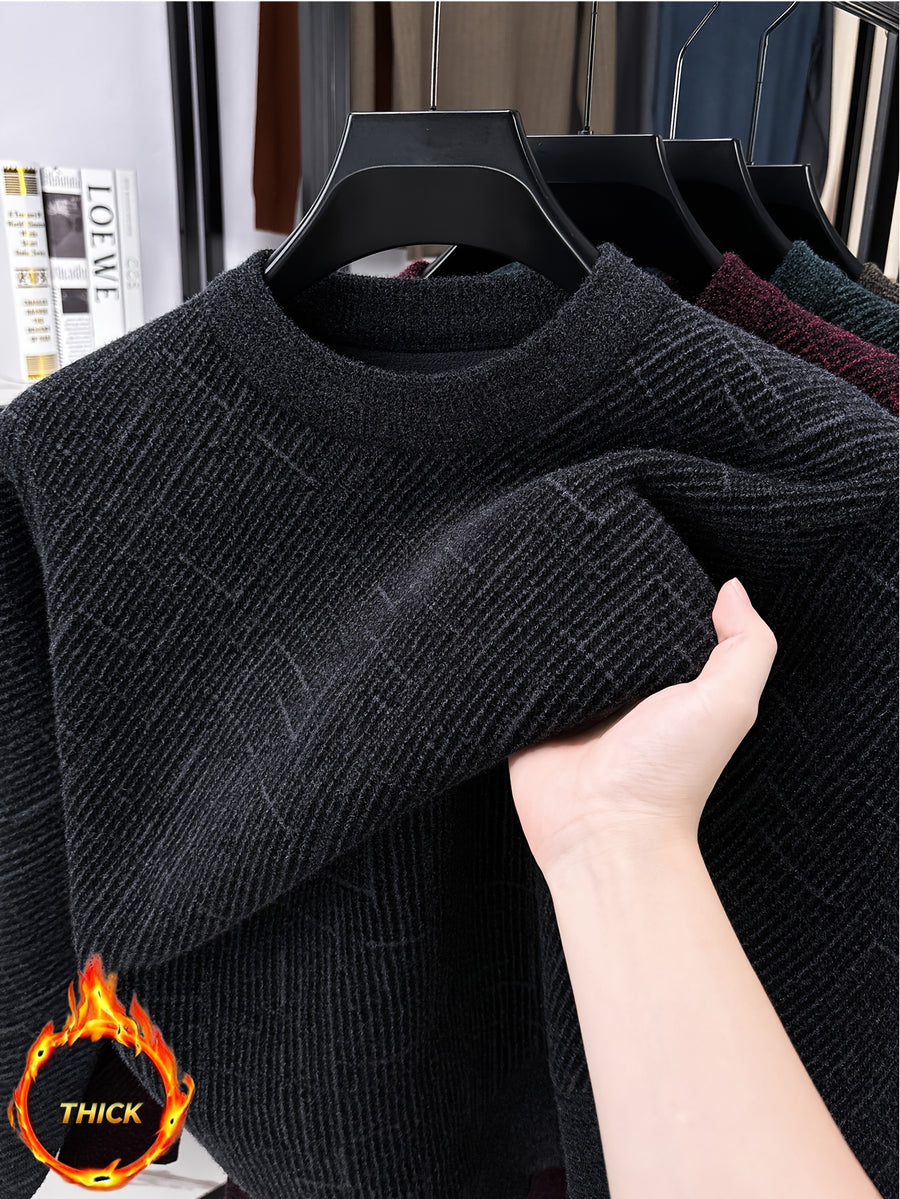 Men'S Semi-High Neck Sweater Autumn Winter Fleece Thick Warm Knitwear Middle-Aged Jacquard Pullover Base Layer - Gray Black