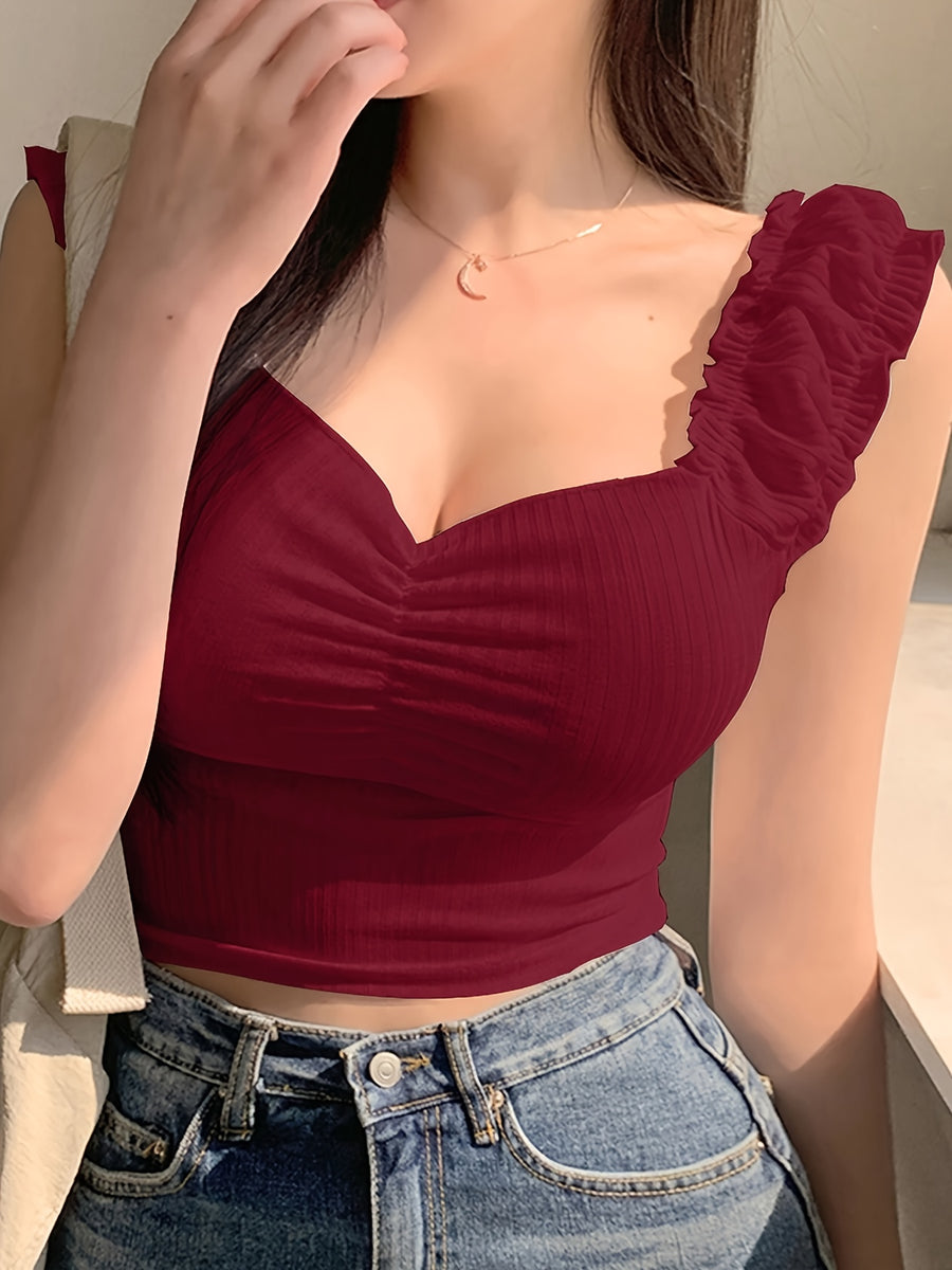 Women's Sexy Fresh Elastic Ruffle Strap Design Chest Elastic Fashion Ruched Tank Top - Burgundy