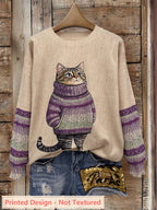 Plus Size - Plus Size - Plus Size Women'S for All Over Printed Long Sleeve Universal Crew Neck Lightweight Sweater, Trendy Wear, Cat Pattern, Perfect for Casual Elegance Style Outfits - Suitable for All Seasons - Purple