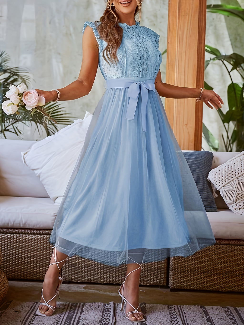 Women's Spring-Summer New Contrast Lace Mesh Spliced Long Sleeveless Elegant Dress - Sky Blue