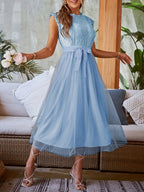 Women's Spring-Summer New Contrast Lace Mesh Spliced Long Sleeveless Elegant Dress - Sky Blue