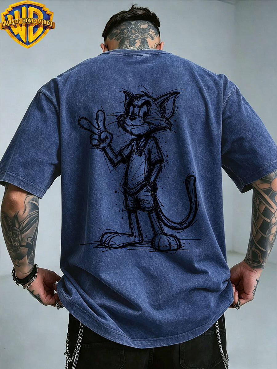 Warner Bros. Official License, Classic Cartoon Character Trendy V-Sign Hand-Drawn Line Print, American Retro Washed Distressed T-Shirt, Unisex, Machine Washable, Suitable for Daily Commute And Outdoor Wear - Royal Blue