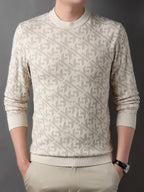 Men'S Round Neck Jacquard Sweater Spring Autumn Tight Thin Business Casual Knit Pullover Top - Off-white