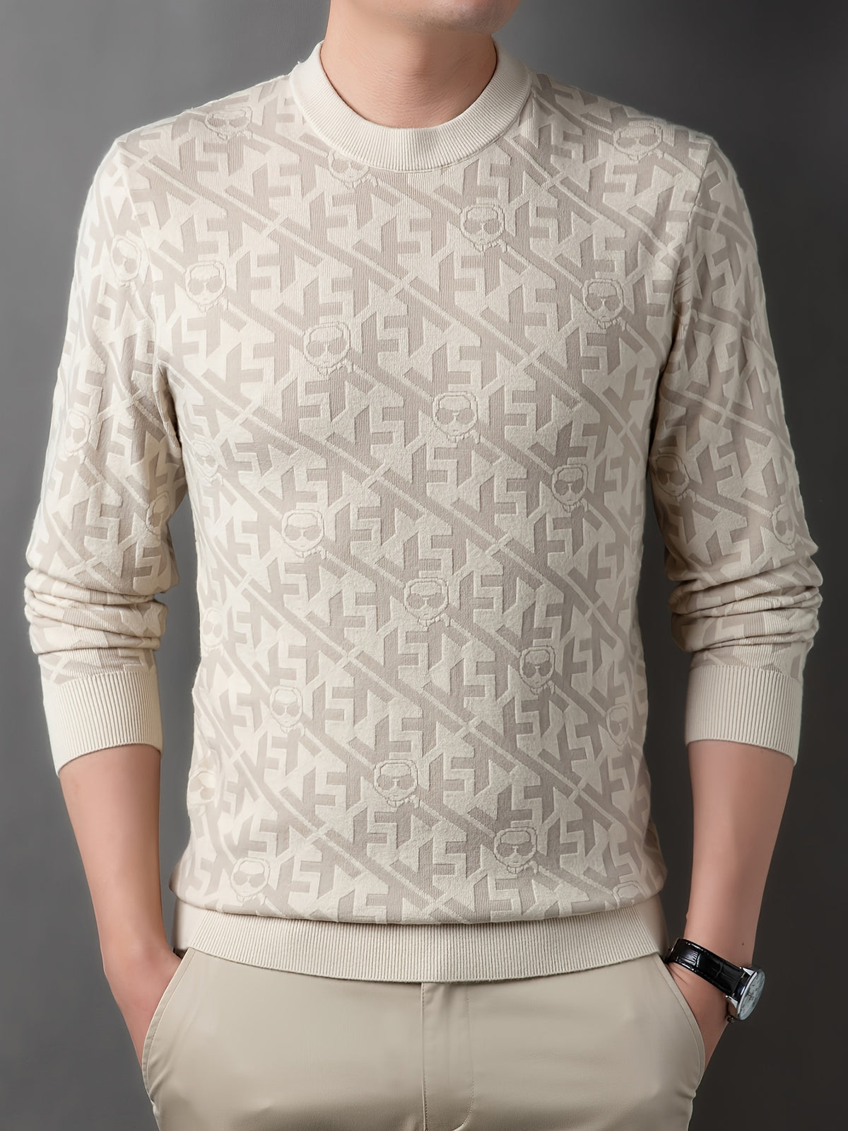 Men'S Round Neck Jacquard Sweater Spring Autumn Tight Thin Business Casual Knit Pullover Top - Off-white