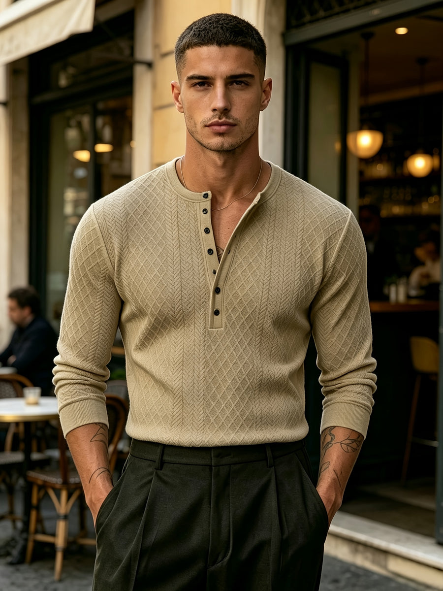[Josh Mei OBM] Fall Winter Men'S Diamond Jacquard Henley Long Sleeve Sweater, Half-Button Placket Slim Fit Versatile Pullover Top, Suitable for Office, Street And Weekend Casual Wear Soft Knit Top, Multi-Color Options - Khaki