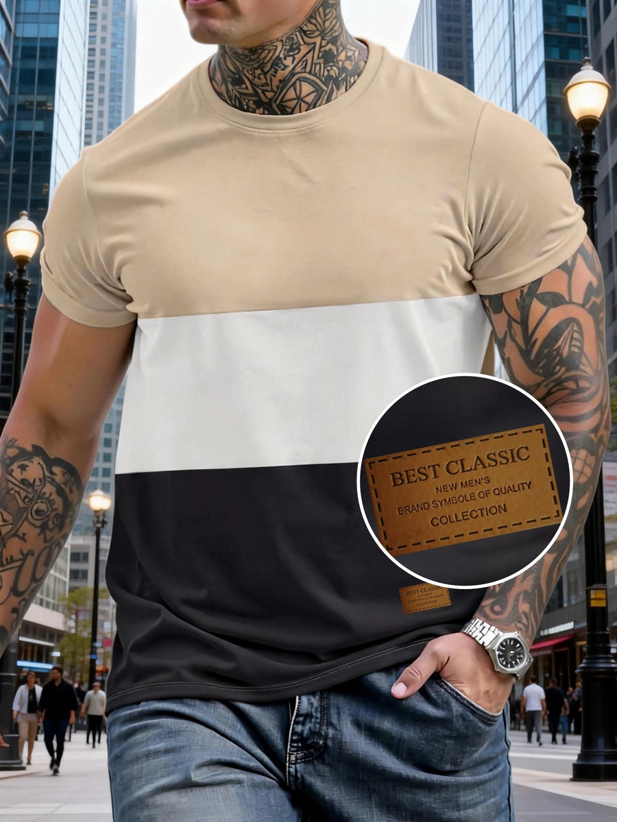 Men'S Short-Sleeve Top with a Three-Color Patchwork Design, Featuring a Logo. Manufactured by a Factory for All Seasons, This Comfortable And High-Quality Casual Sportswear Is Tailored for Men - Multicolor 7