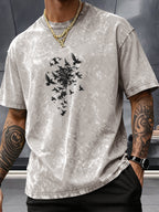 Short Sleeve Top, Pure Washed Distressed Loose Short Sleeve, Raven Flying Bird Front And Back Trendy Print Casual Match, American Street High Street Hip-Hop Couple Style, Daily Outing Commute Sports Fitness Street Style Y2K National Trend T-Shirt - Apricot