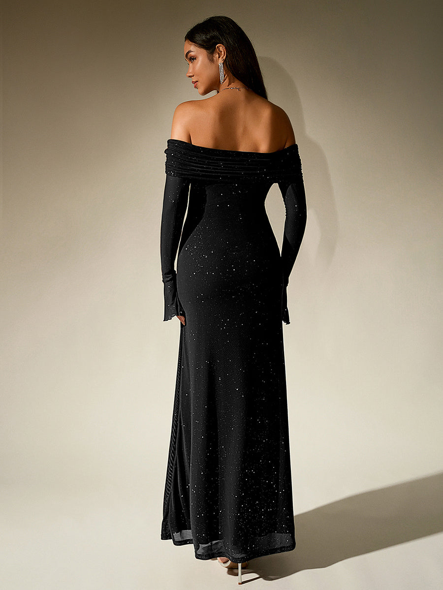 PARTHEA NewAsia Women's Bell Sleeve Off Shoulder Sequin Long Dress Backless Double Layer Club Party Sparkling Mesh Maxi Dresses Brown - Black