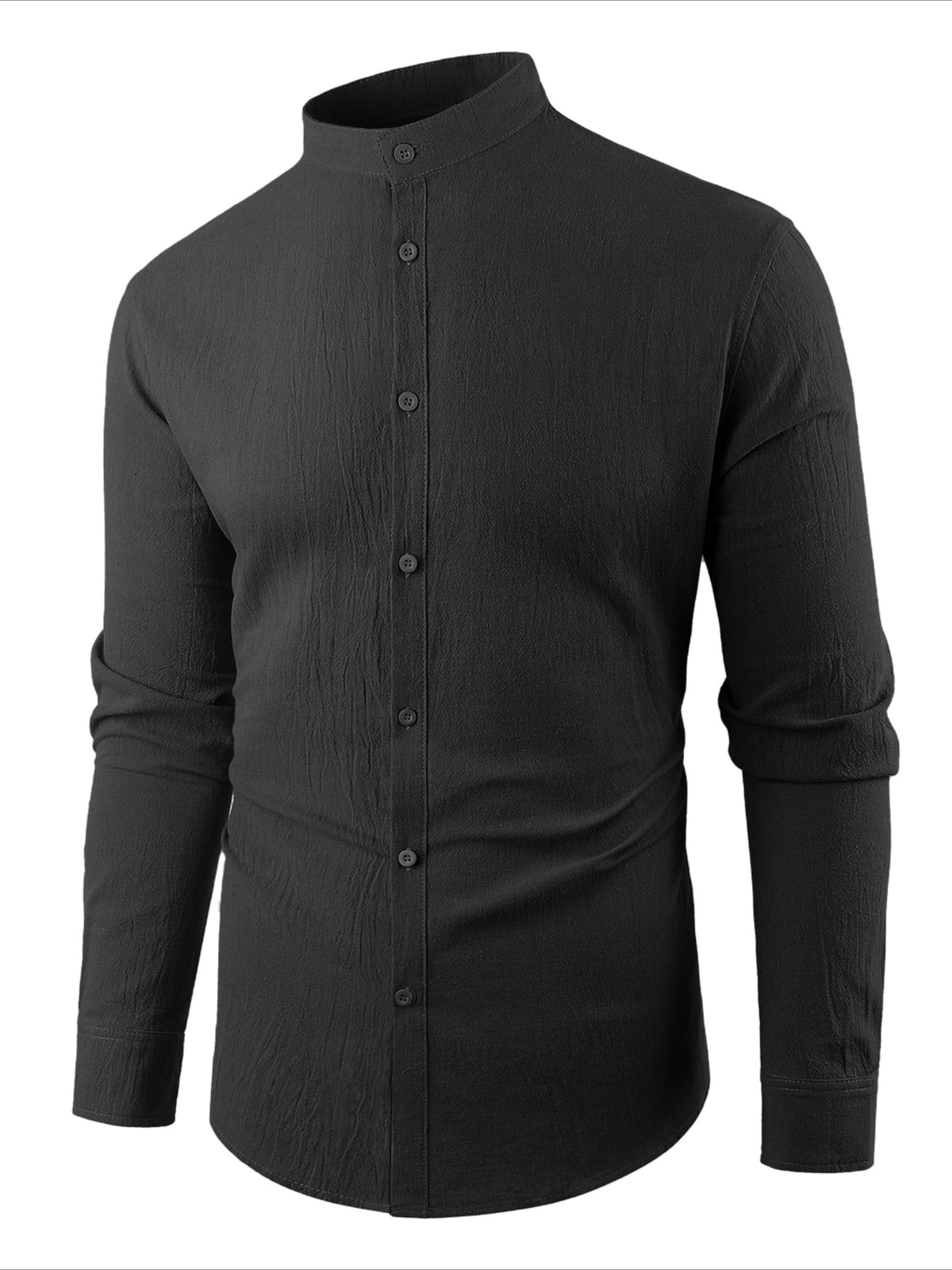 Men'S Casual Shirt Spring Summer Solid Color Dress Shirt Stand Collar Casual Lightweight Shirt Men'S Top - Black