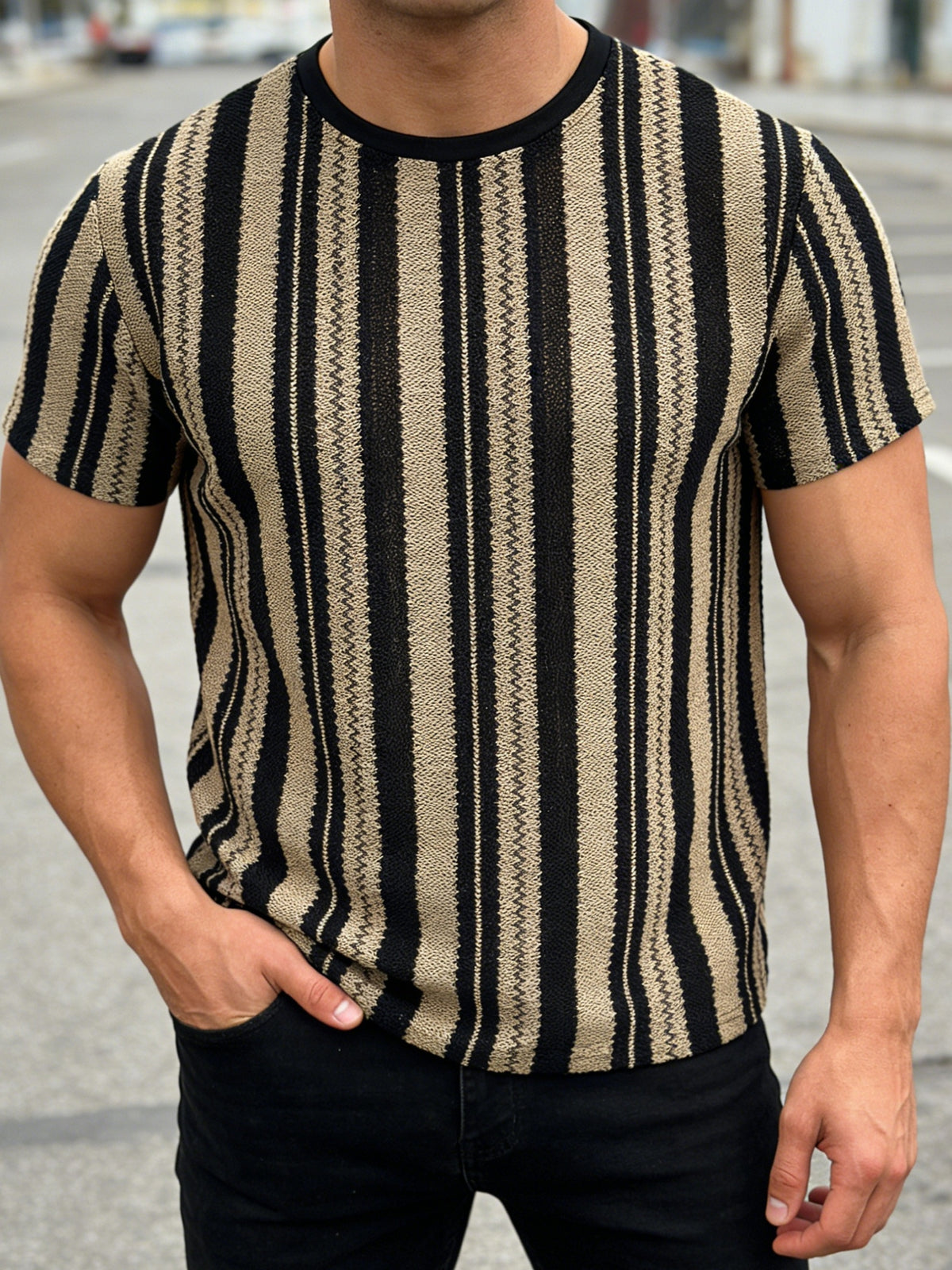Men's Knitted Jacquard Striped Crew Neck Short Sleeve T-Shirt, Soft Stretch Breathable Casual Fashion Summer Top for Daily Street Vacation Outdoor Wear - Khaki