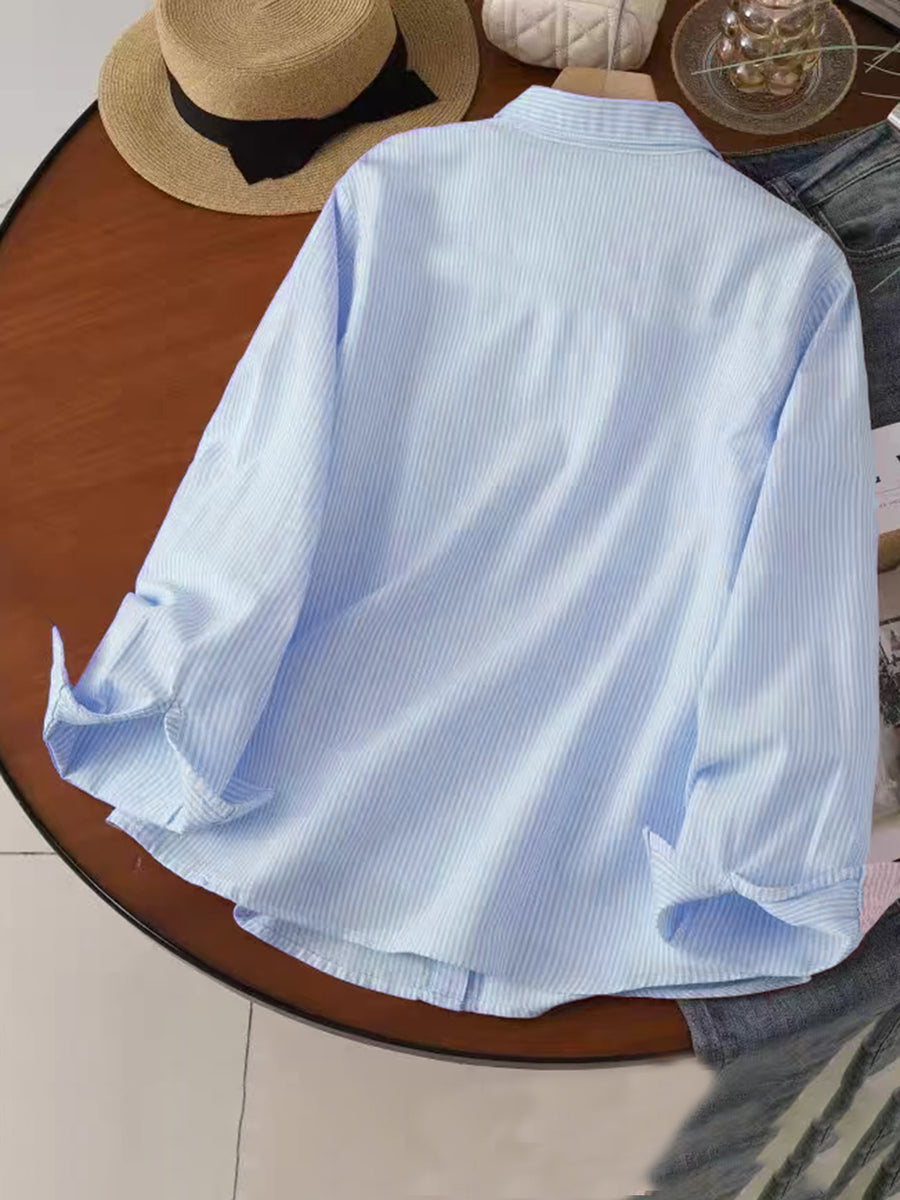 New Spring/Autumn Fun Cartoon Cute Pilot Penguin Pattern Long-Sleeve Pinstripe Shirt, Versatile and Stylish Commuter Striped Shirt - Sky Blue Version 02