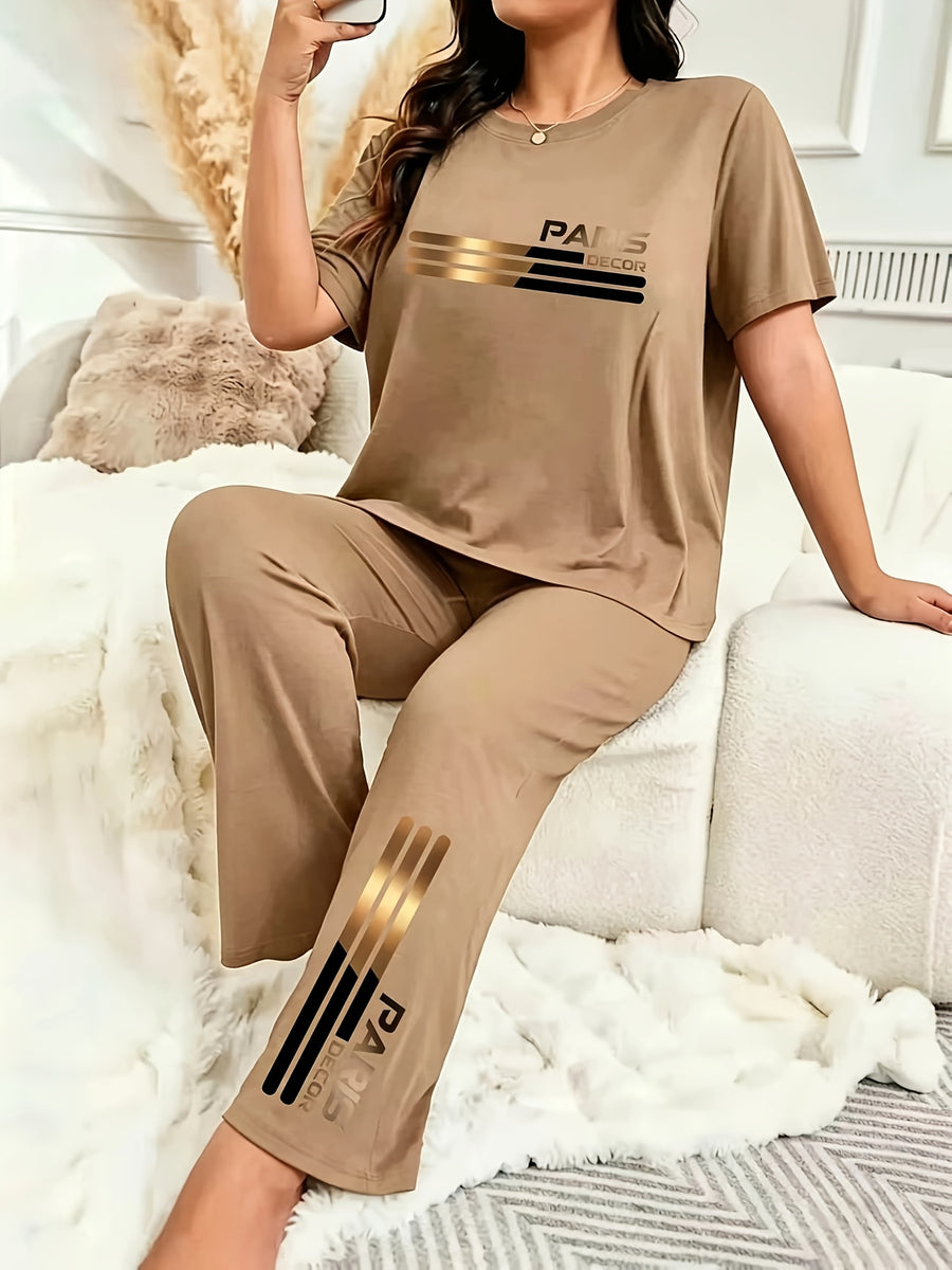 New Product, New Fashion, High-End, Elegant, Comfortable And Casual Plus-Size Women'S Two-Piece Set, Fashionable And Trendy, Boutique Versatile, Stylish Item, Women'S Plus-Size Two-Piece Set (T-Shirt And Bow Long Pants) - Khaki