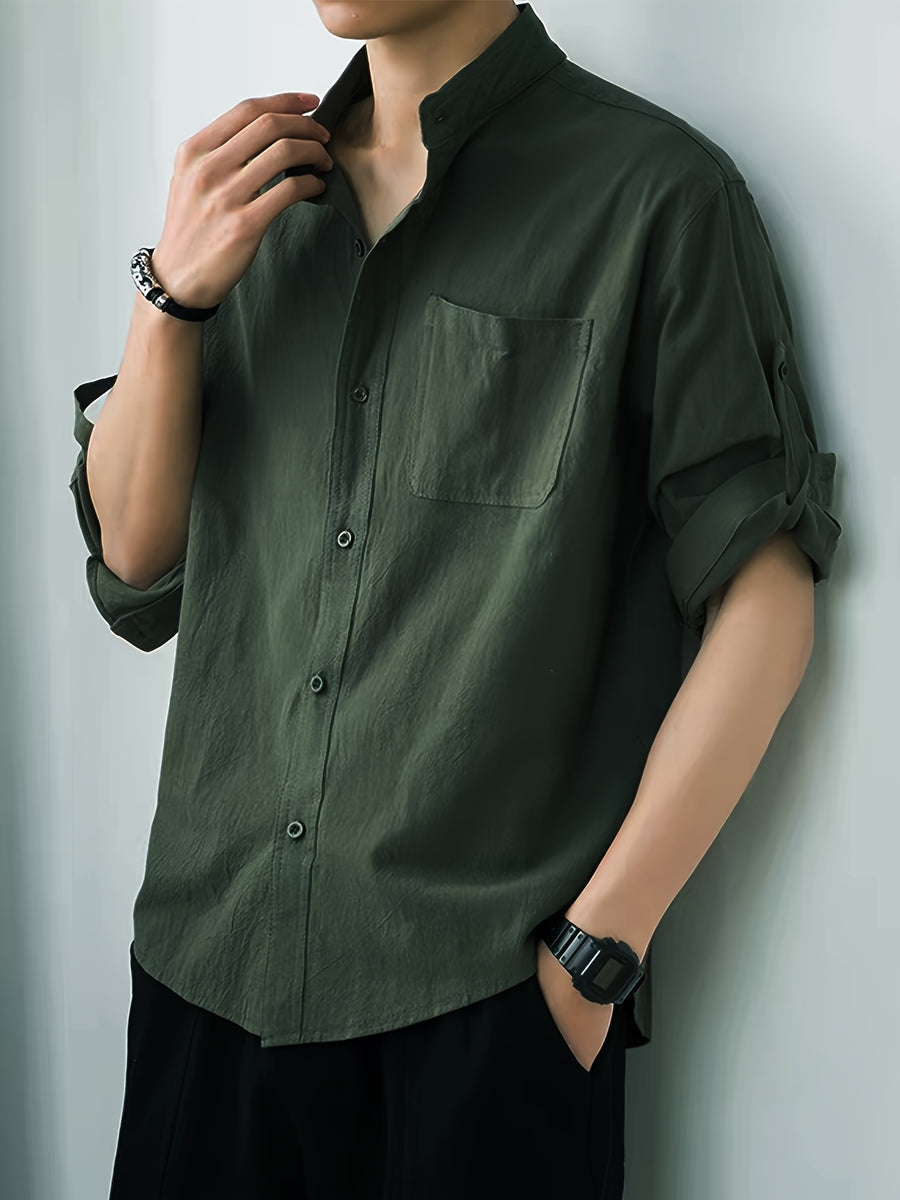 New Loose-fitting Chinese-style Stand-up Collar Men's Shirt, Comfortable and Breathable Linen Men's Mid-length Sleeve Shirt, Simple and Versatile Men's Casual Shirt. - fern green