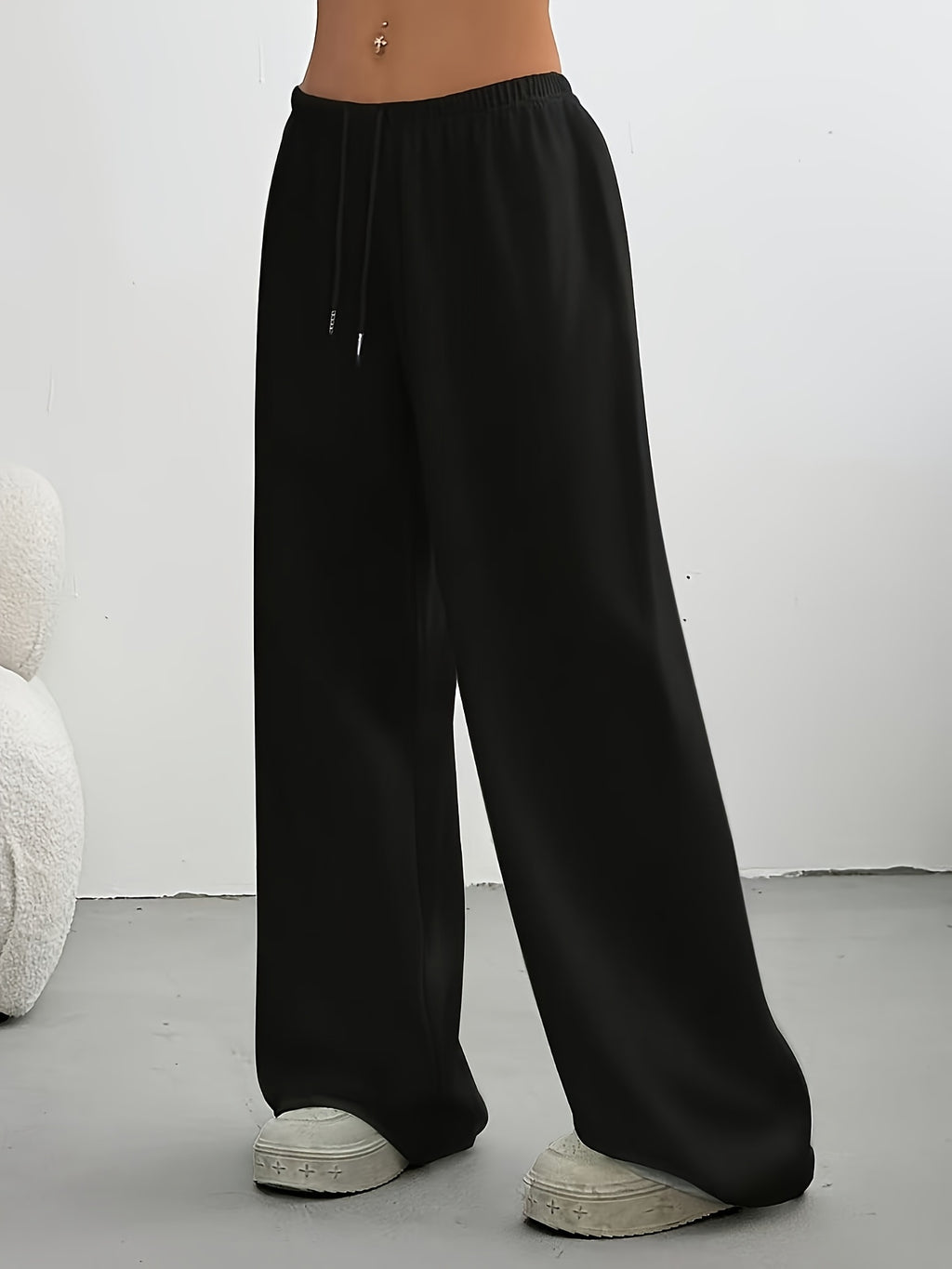DW260528005 Spring/Summer Casual Solid Color Drawstring Waist Wide-Leg Pants, Suitable for Casual Daily Wear and Vacation - Black