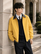Men'S Spring Autumn Lapel Jacket, Retro Plaid Patchwork Collar Design, Loose Short Casual Top, Zippered Cardigan with Elastic Cuffs, Preppy Style Versatile Outerwear, Suitable for Commute, Campus, Streetwear, And Daily Wear - ginger-colored