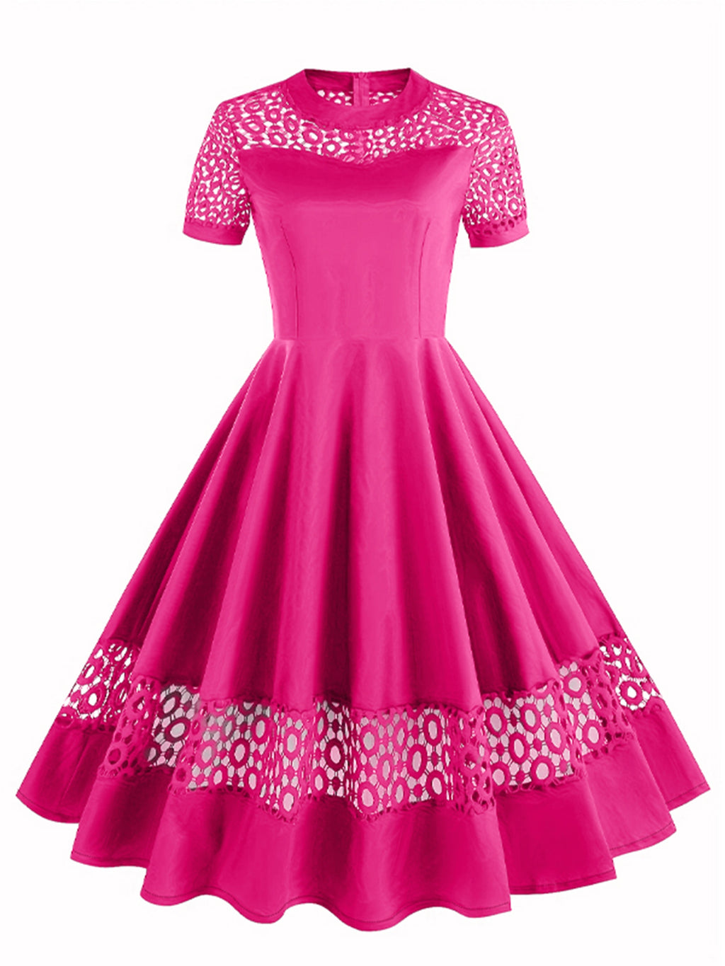 Vintage 50s Women's Dress with Round Neck, Lace Trim, and Short Sleeves - Rose Red