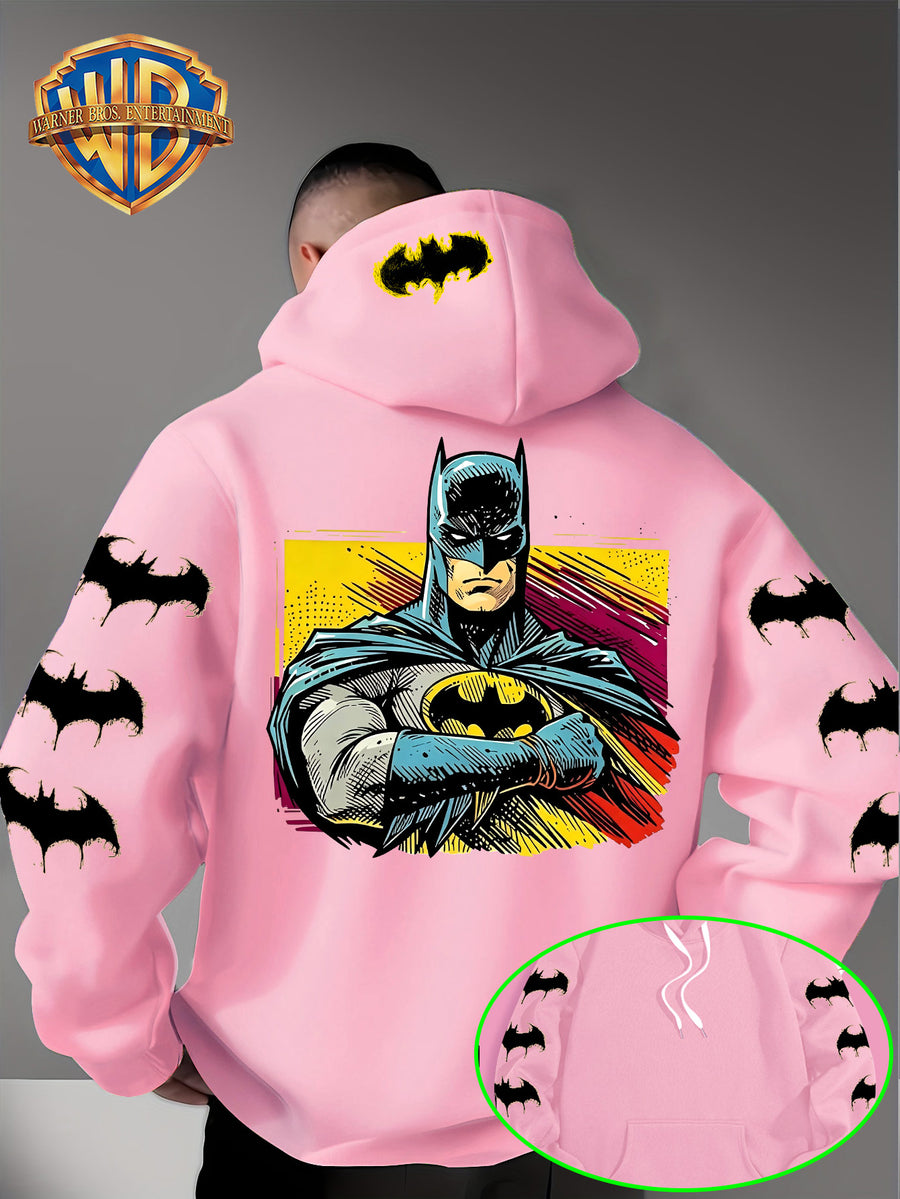 Men'S Hooded Sweatshirt, Batman Classic Image Print, Large Heroic Pattern on Back, Multiple Bat Logos on Sleeves, Exclusive Bat Emblem on Back of Hood, Trendy Street Style Design, Rich Details with Strong Visual Impact - Pink Color